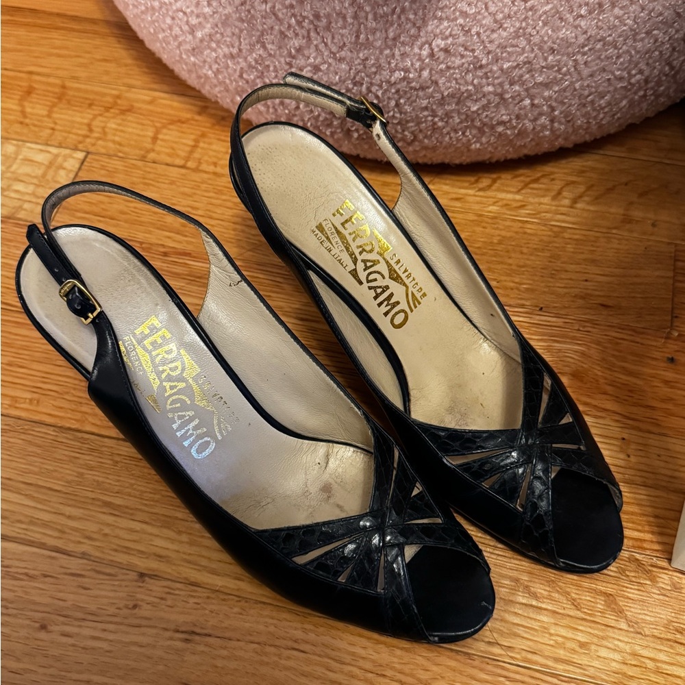 Salvatore Ferragamo Black Peep-Toe Slingback Heels